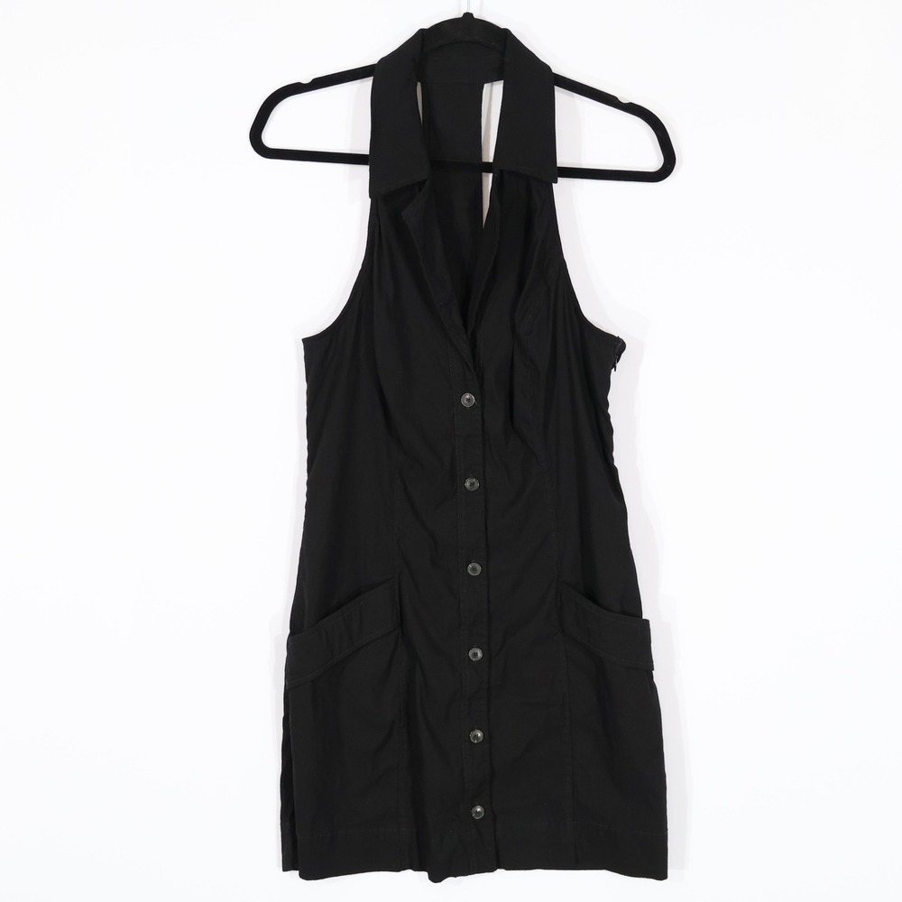 Maeve Anthropologie Mini Halter Dress Womens L Black Button Front Dark Academia